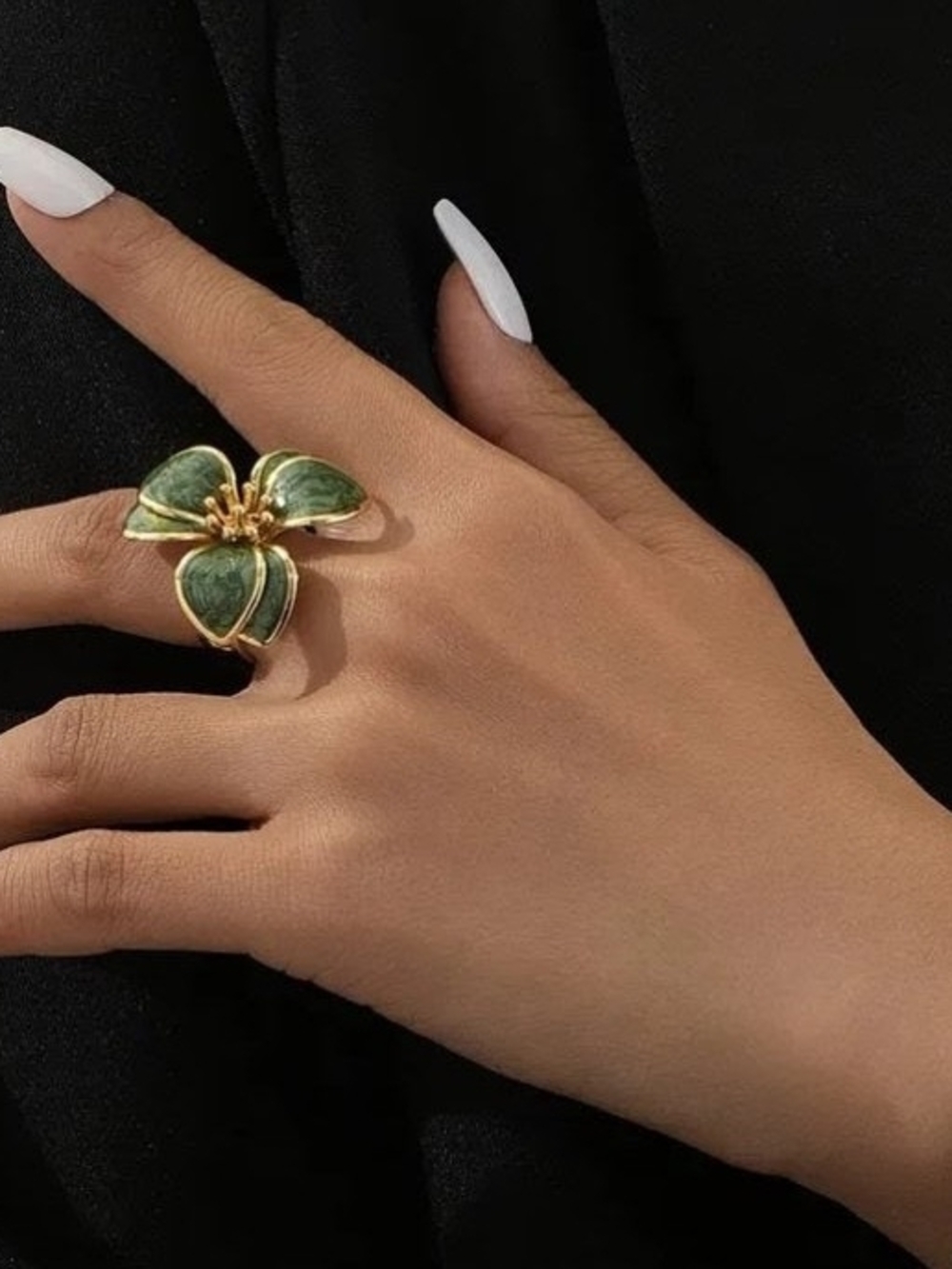 Floral Cocktail Ring Big Bougie Open Ring Green & gold Spring Flowers